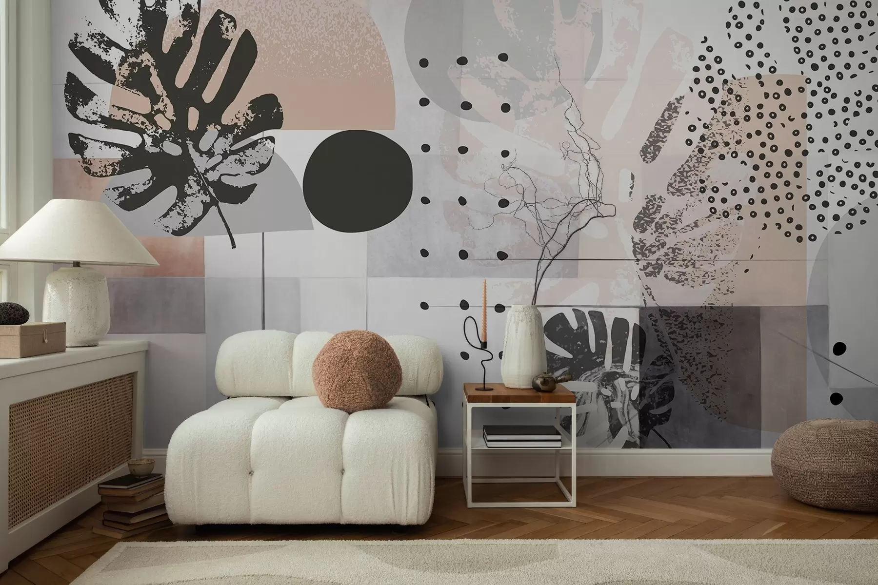 Wall Mural Photo Wallpaper Abstract print with geometric shapes and monstera tropical leaves, circles, dots and lines, modern and minimalist design w09333