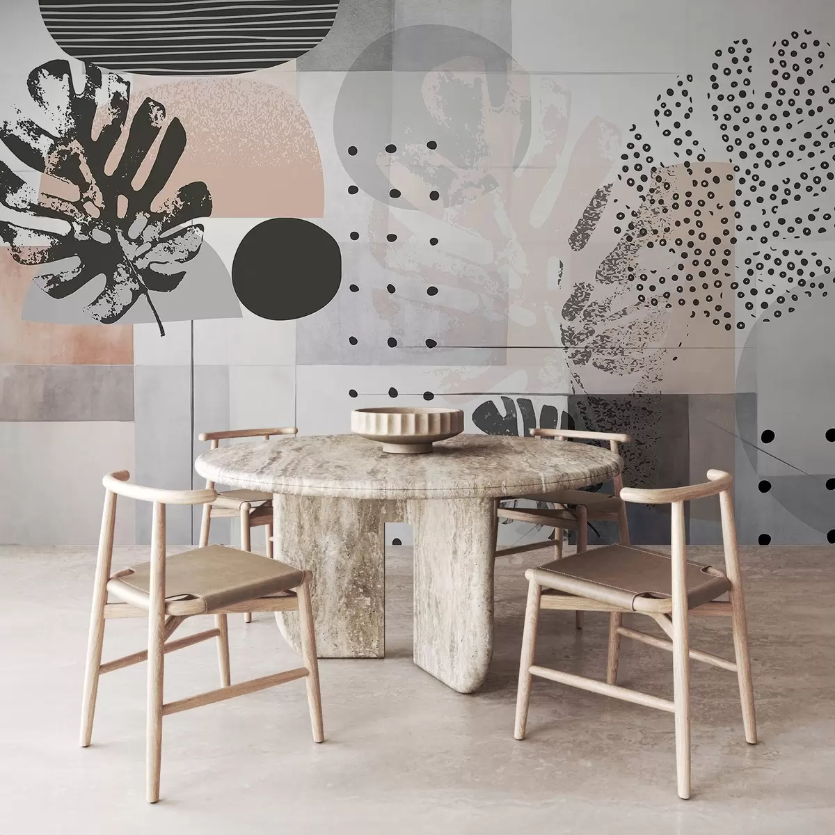 peintures murales Impression abstraite avec des formes géométriques et des feuilles tropicales de monstera, des cercles, des points et des lignes, un design moderne et minimaliste w09333