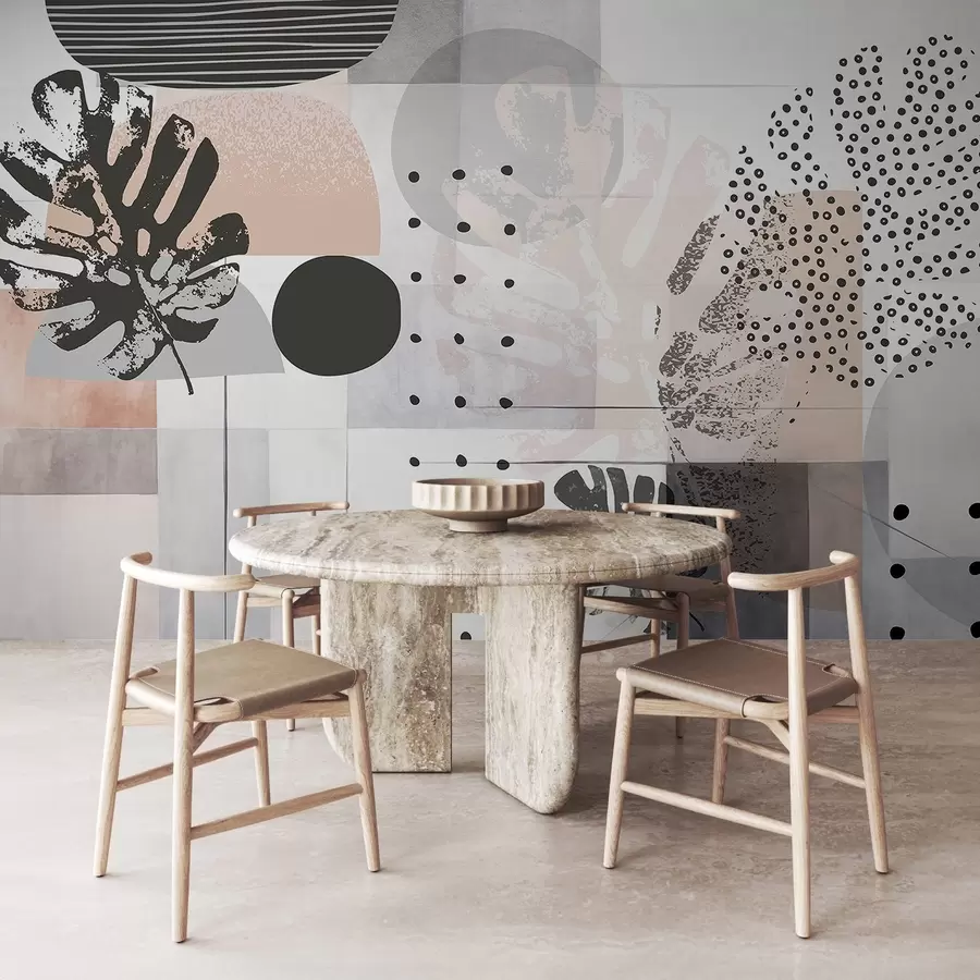 peintures murales Impression abstraite avec des formes géométriques et des feuilles tropicales de monstera, des cercles, des points et des lignes, un design moderne et minimaliste w09333