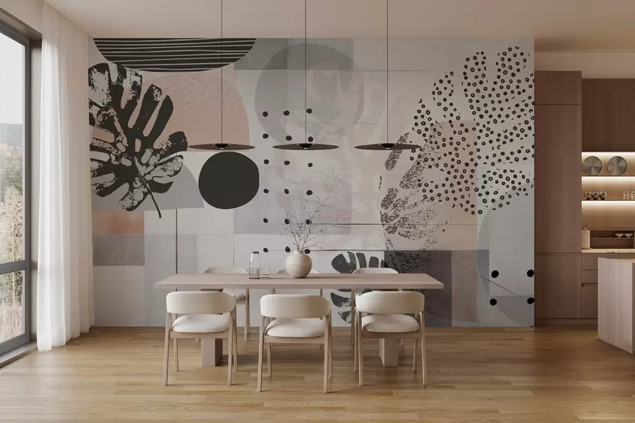 murales Estampado abstracto con formas geométricas y hojas tropicales de monstera, círculos, puntos y líneas, diseño moderno y minimalista w09333