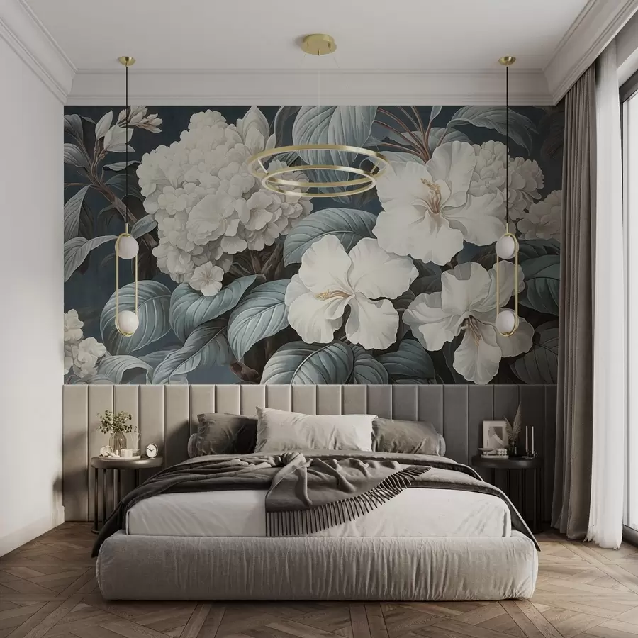 murales Flores tropicales blancas con delicados pétalos y hojas en un fondo azul oscuro, estilo vintage texturizado, ilustración botánica w09334