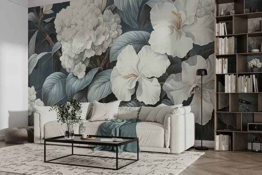 murales Flores tropicales blancas con delicados pétalos y hojas en un fondo azul oscuro, estilo vintage texturizado, ilustración botánica w09334