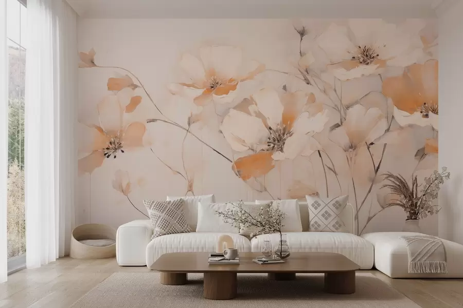murais de parede Flores brancas e cor de laranja texturizadas com caules longos, fundo claro, cores suaves, composição elegante, pinceladas delicadas w09335