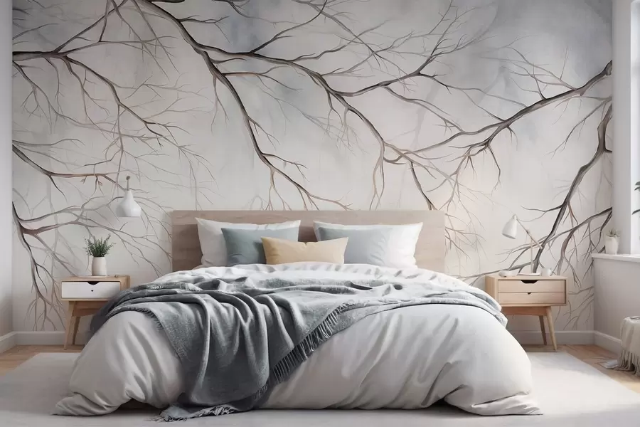 Wall Mural Photo Wallpaper Tree branches with a watercolor textured effect , intricate details, soft color palette, against a light background w09337