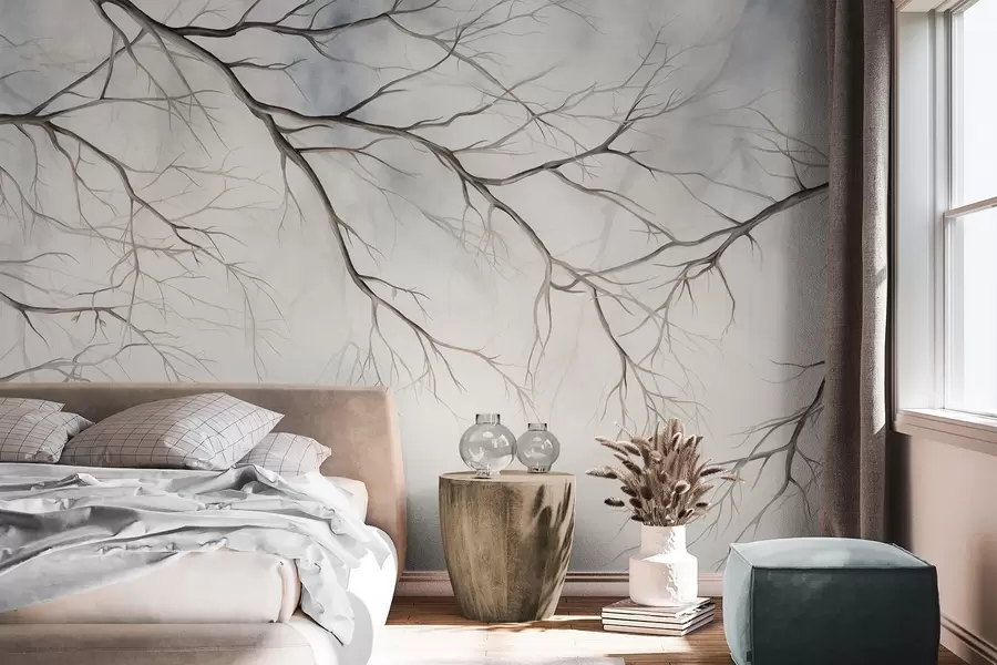 peintures murales Branches d'arbre avec un effet texturé d'aquarelle, détails complexes, palette de couleurs douces, sur un fond clair w09337