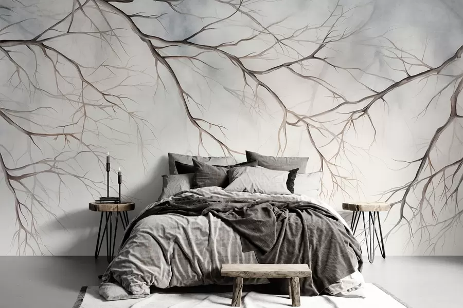 Wall Mural Photo Wallpaper Tree branches with a watercolor textured effect , intricate details, soft color palette, against a light background w09337
