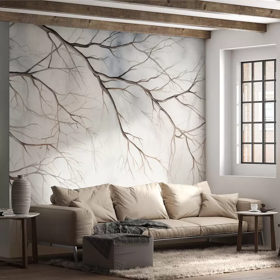 wall murals Tree branches with a watercolor textured effect , intricate details, soft color palette, against a light background w09337
