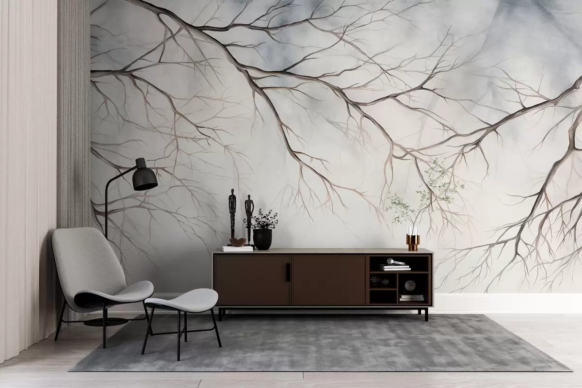 Wall Mural Photo Wallpaper Tree branches with a watercolor textured effect , intricate details, soft color palette, against a light background w09337