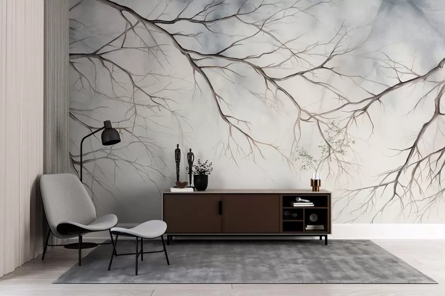 Wall Mural Photo Wallpaper Tree branches with a watercolor textured effect , intricate details, soft color palette, against a light background w09337