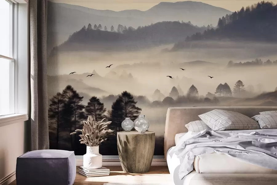 Wall Mural Photo Wallpaper Textured mountain landscape with layers of fog, silhouetted trees in the foreground, distant mountain range, soft lighting w09338