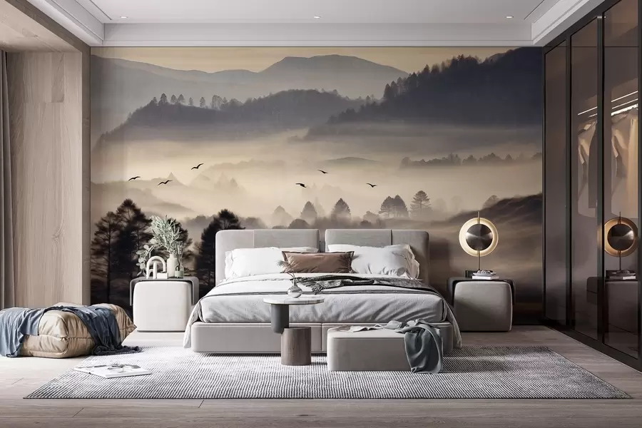 murales Paisaje montañoso texturizado con capas de niebla, árboles silueteados en primer plano, cordillera distante, iluminación suave w09338