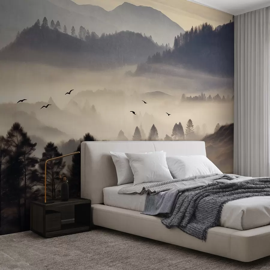 Wall Mural Photo Wallpaper Textured mountain landscape with layers of fog, silhouetted trees in the foreground, distant mountain range, soft lighting w09338