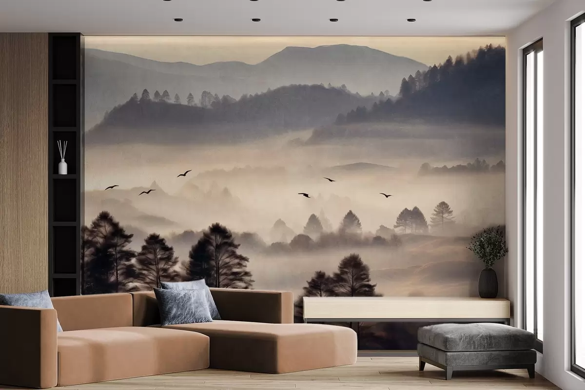 Wall Mural Photo Wallpaper Textured mountain landscape with layers of fog, silhouetted trees in the foreground, distant mountain range, soft lighting w09338