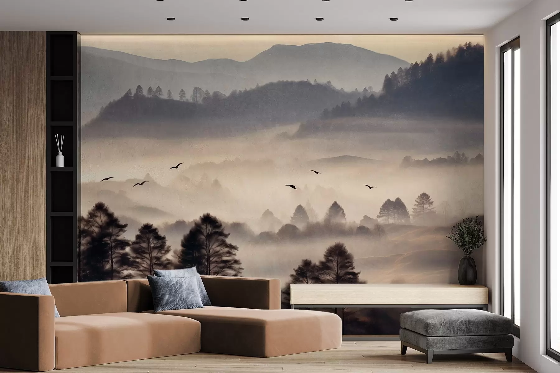 Wall Mural Photo Wallpaper Textured mountain landscape with layers of fog, silhouetted trees in the foreground, distant mountain range, soft lighting w09338