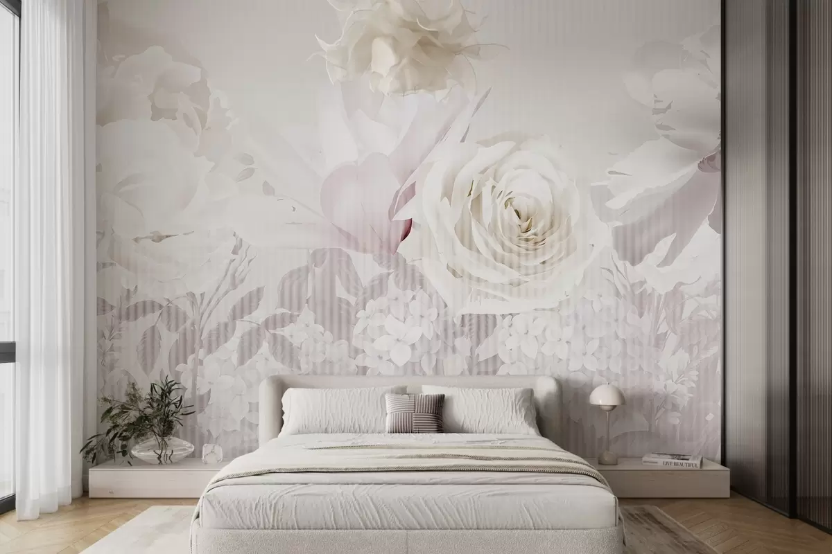 murales Arreglo floral con rosas, hortensias y tulipanes en suaves tonos pastel de blanco, rosa y beige, con textura rayada w09340