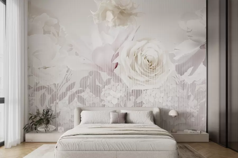 peintures murales Arrangement floral composé de roses, d'hortensias et de tulipes dans des tons doux et pastel de blanc, rose et beige, avec une texture rayée w09340