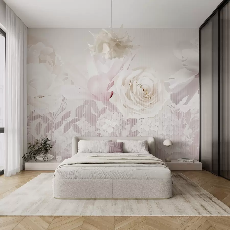 murales Arreglo floral con rosas, hortensias y tulipanes en suaves tonos pastel de blanco, rosa y beige, con textura rayada w09340