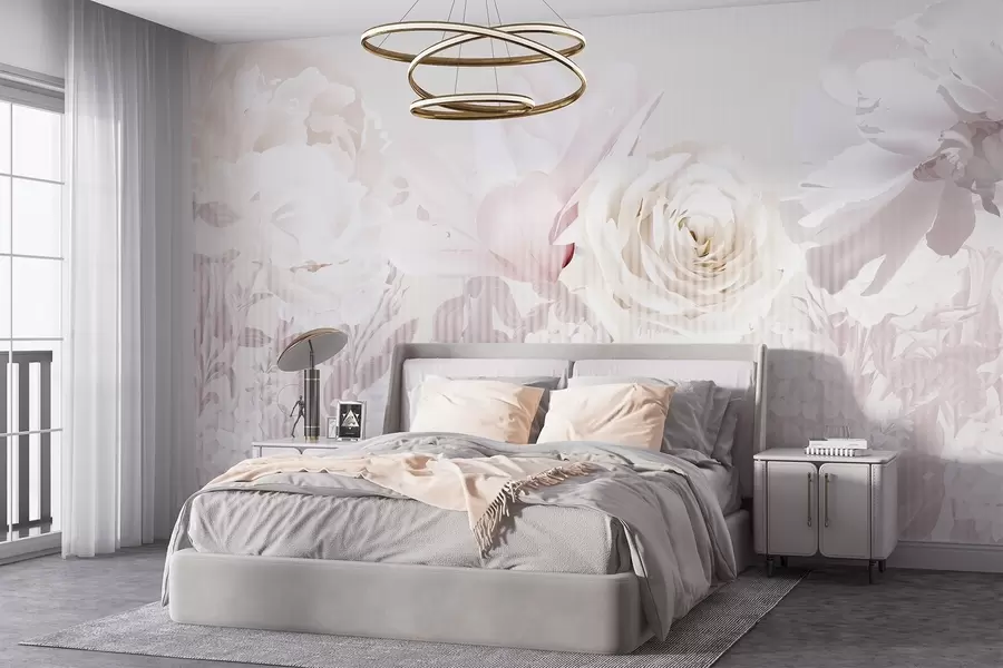 murales Arreglo floral con rosas, hortensias y tulipanes en suaves tonos pastel de blanco, rosa y beige, con textura rayada w09340
