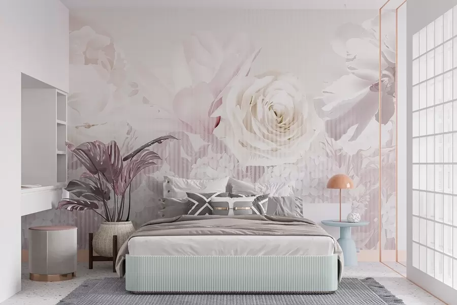 murales Arreglo floral con rosas, hortensias y tulipanes en suaves tonos pastel de blanco, rosa y beige, con textura rayada w09340