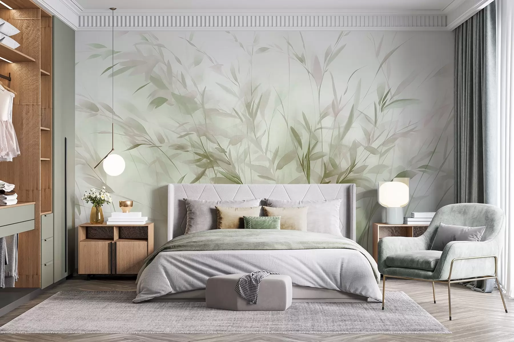 wall murals Grass and weeds with thin leaves and stems, light green and brown colors, soft and delicate brushstrokes, minimalist print w09342