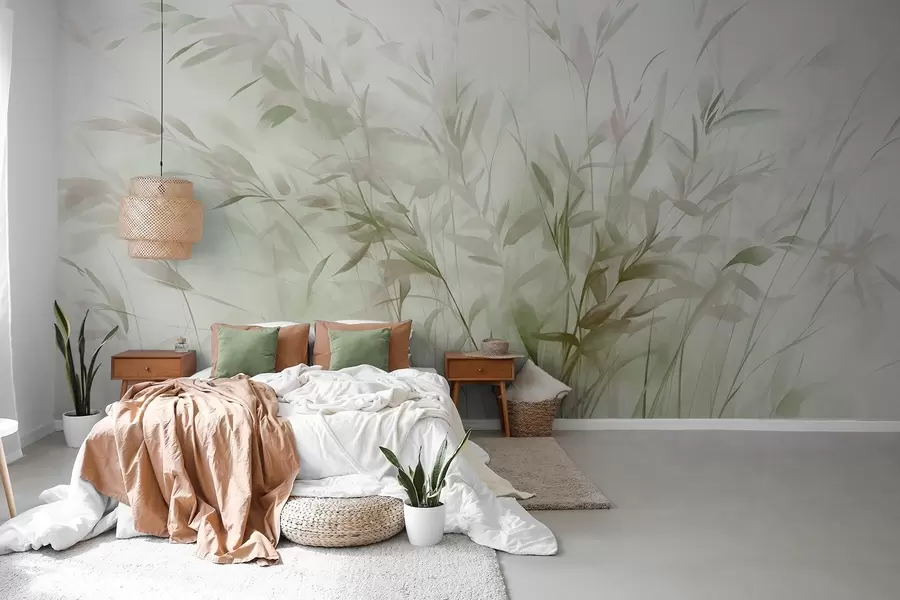 Wall Mural Photo Wallpaper Grass and weeds with thin leaves and stems, light green and brown colors, soft and delicate brushstrokes, minimalist print w09342
