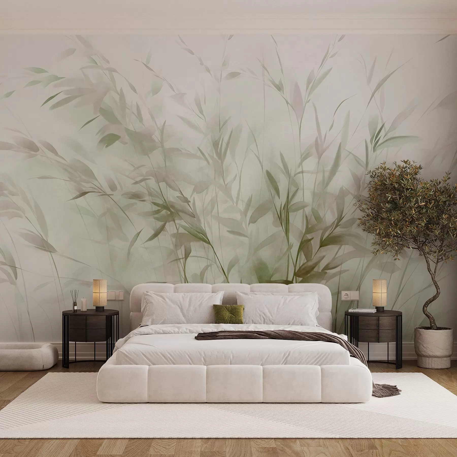 wall murals Grass and weeds with thin leaves and stems, light green and brown colors, soft and delicate brushstrokes, minimalist print w09342