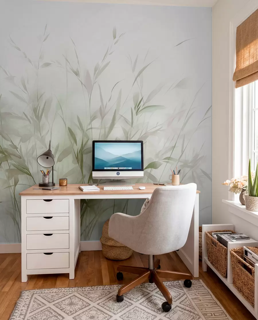 wall murals Grass and weeds with thin leaves and stems, light green and brown colors, soft and delicate brushstrokes, minimalist print w09342