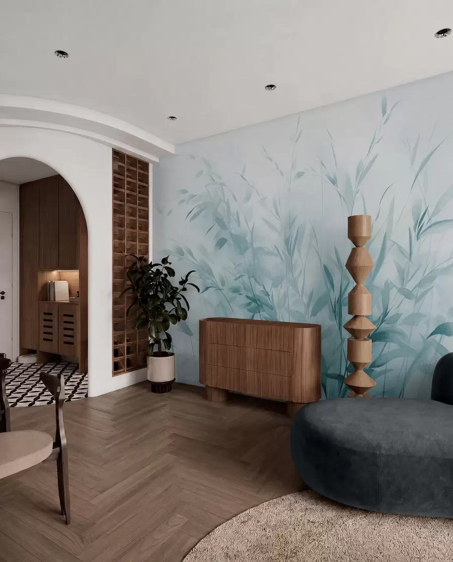 Wall Mural Photo Wallpaper Grass and weeds with thin leaves and stems, light blue colors, soft and delicate brushstrokes, minimalist print w09342v1