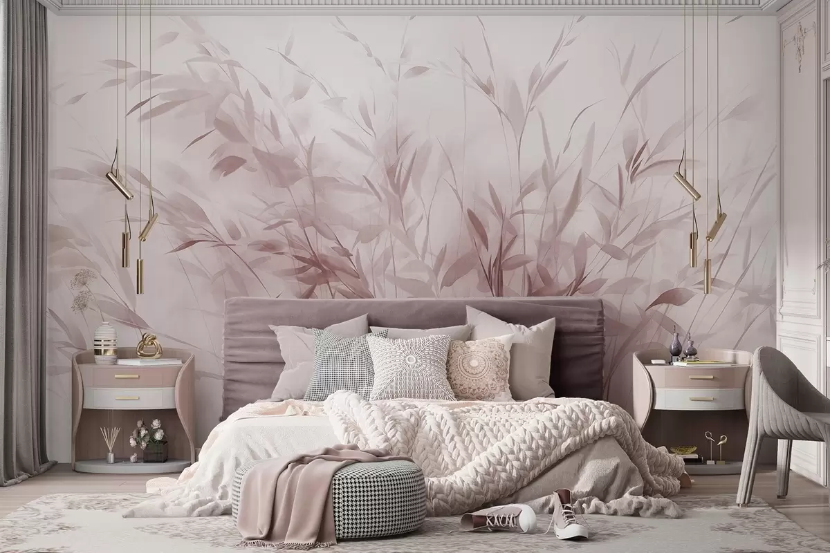 Wall Mural Photo Wallpaper Grass and weeds with thin leaves and stems, light pink colors, soft and delicate brushstrokes, minimalist print w09342v2