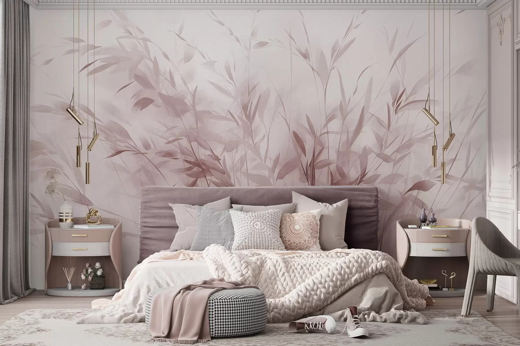 wall murals Grass and weeds with thin leaves and stems, light pink colors, soft and delicate brushstrokes, minimalist print w09342v2