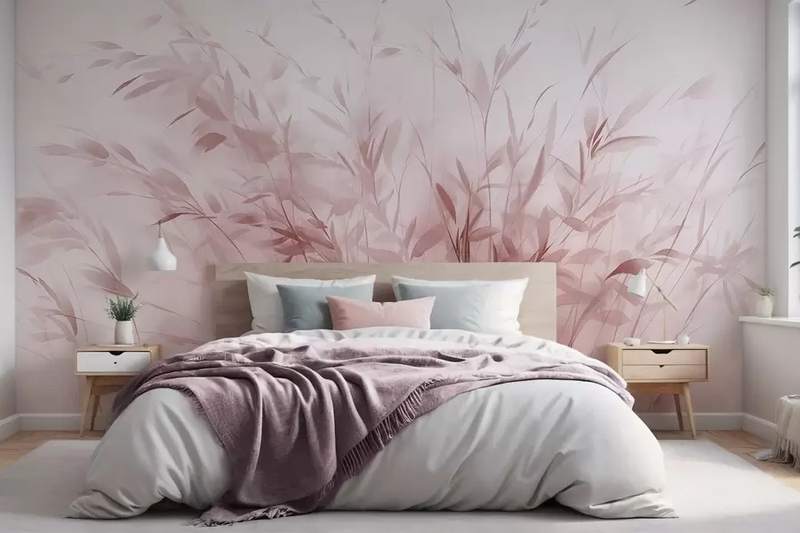 murales Hierba y maleza con hojas y tallos finos, colores rosa claro, pinceladas suaves y delicadas, estampado minimalista w09342v2