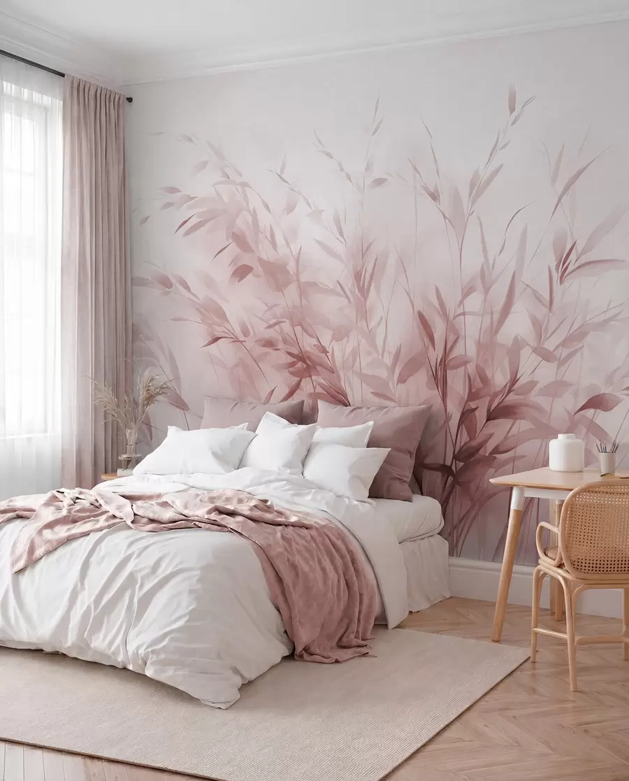 murales Hierba y maleza con hojas y tallos finos, colores rosa claro, pinceladas suaves y delicadas, estampado minimalista w09342v2