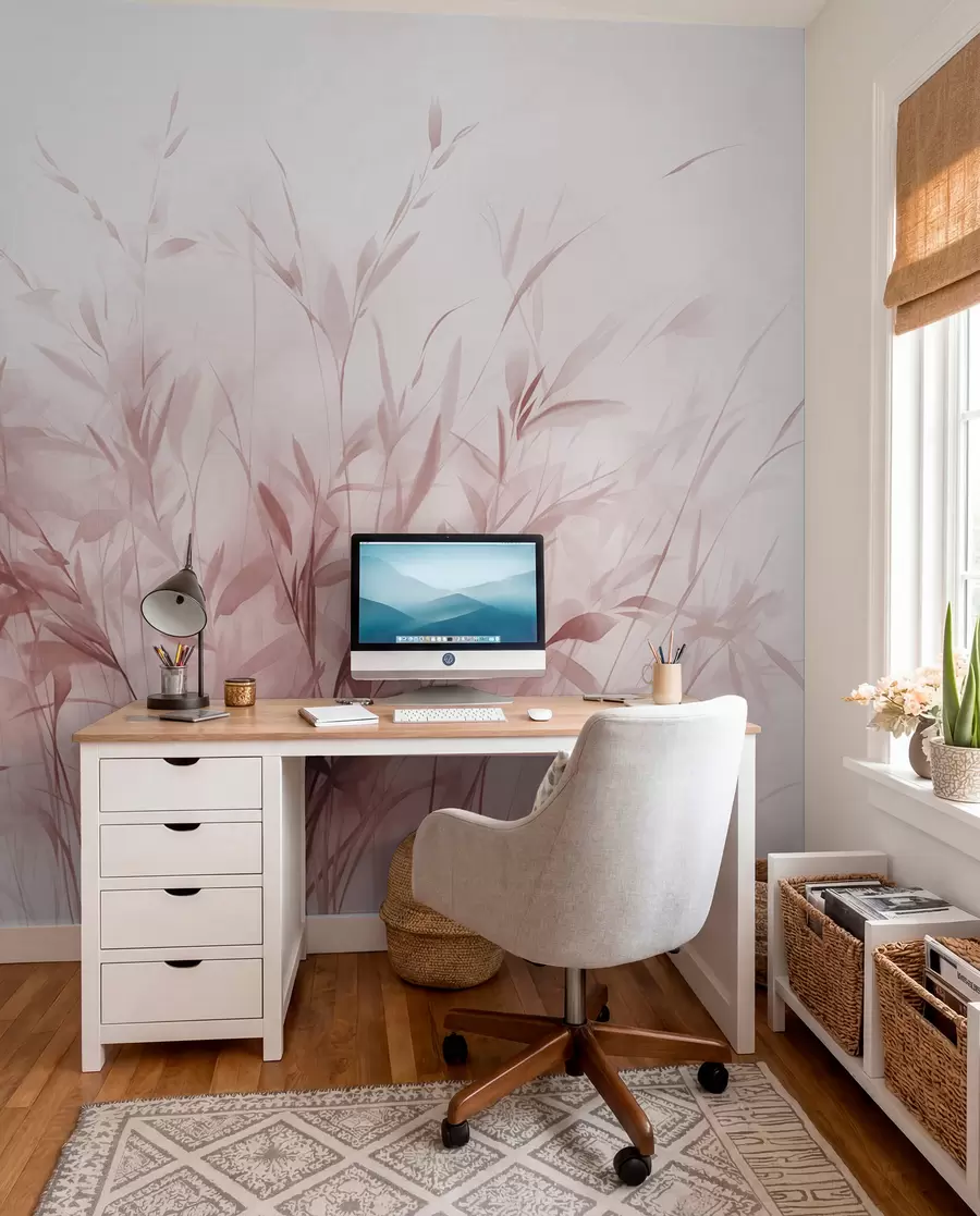 wall murals Grass and weeds with thin leaves and stems, light pink colors, soft and delicate brushstrokes, minimalist print w09342v2