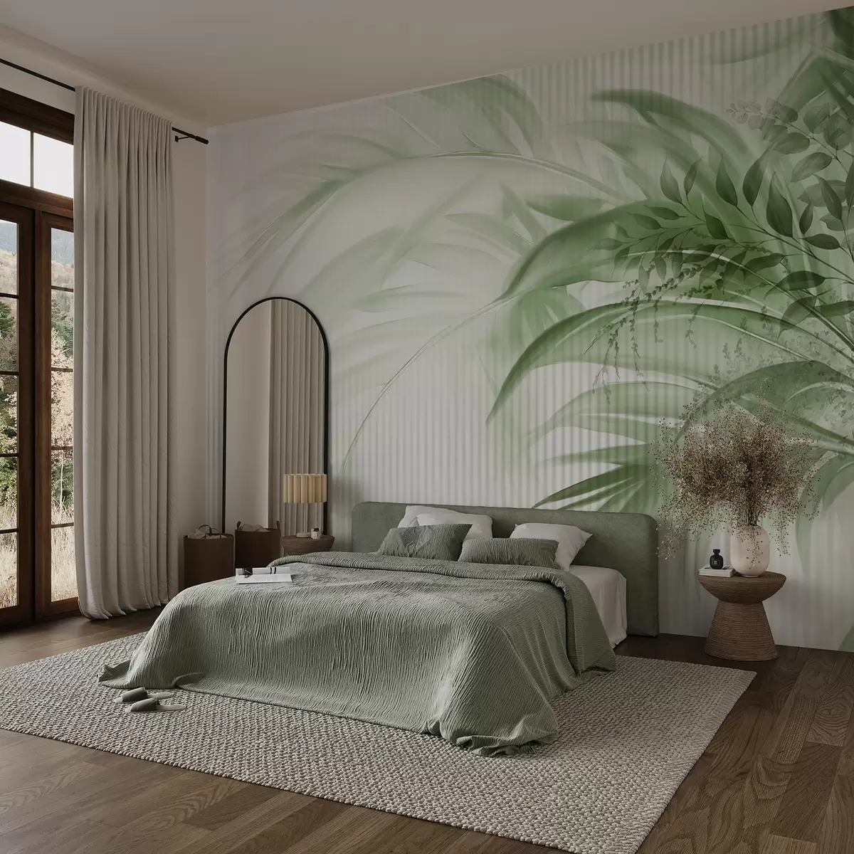 Wall Mural Photo Wallpaper Palm tropical green leaves with a white striped background, soft lighting, delicate brushstrokes, organic forms w09343