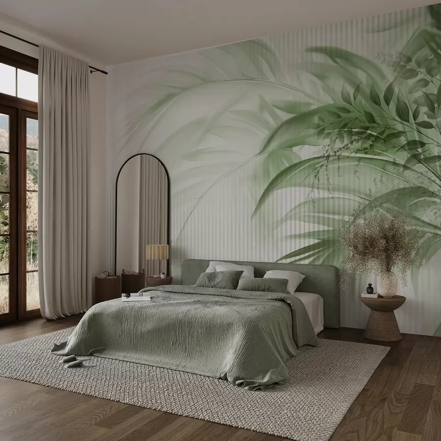 murales Palmera tropical de hojas verdes con fondo blanco a rayas, iluminación suave, pinceladas delicadas, formas orgánicas w09343