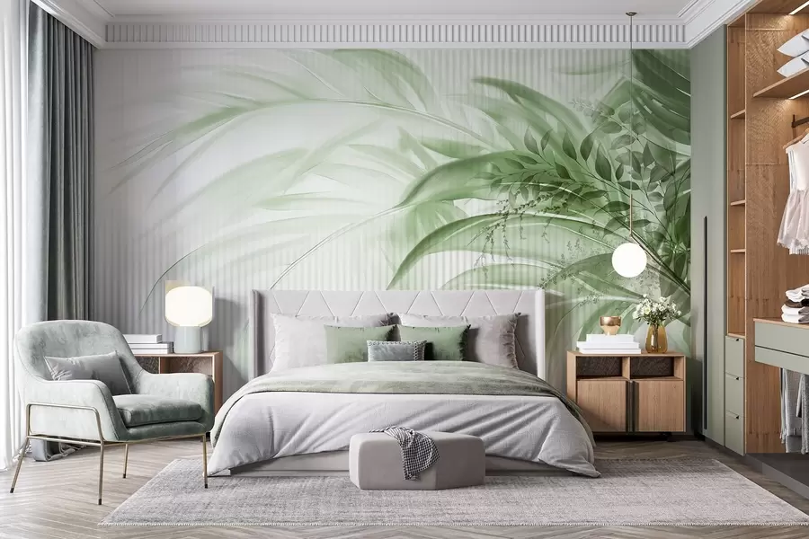 murales Palmera tropical de hojas verdes con fondo blanco a rayas, iluminación suave, pinceladas delicadas, formas orgánicas w09343