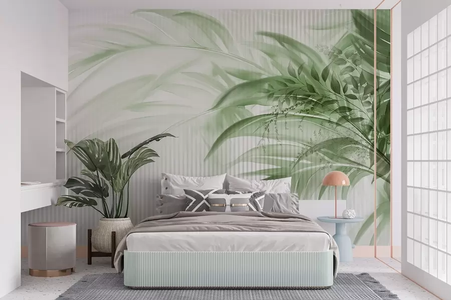 Wall Mural Photo Wallpaper Palm tropical green leaves with a white striped background, soft lighting, delicate brushstrokes, organic forms w09343