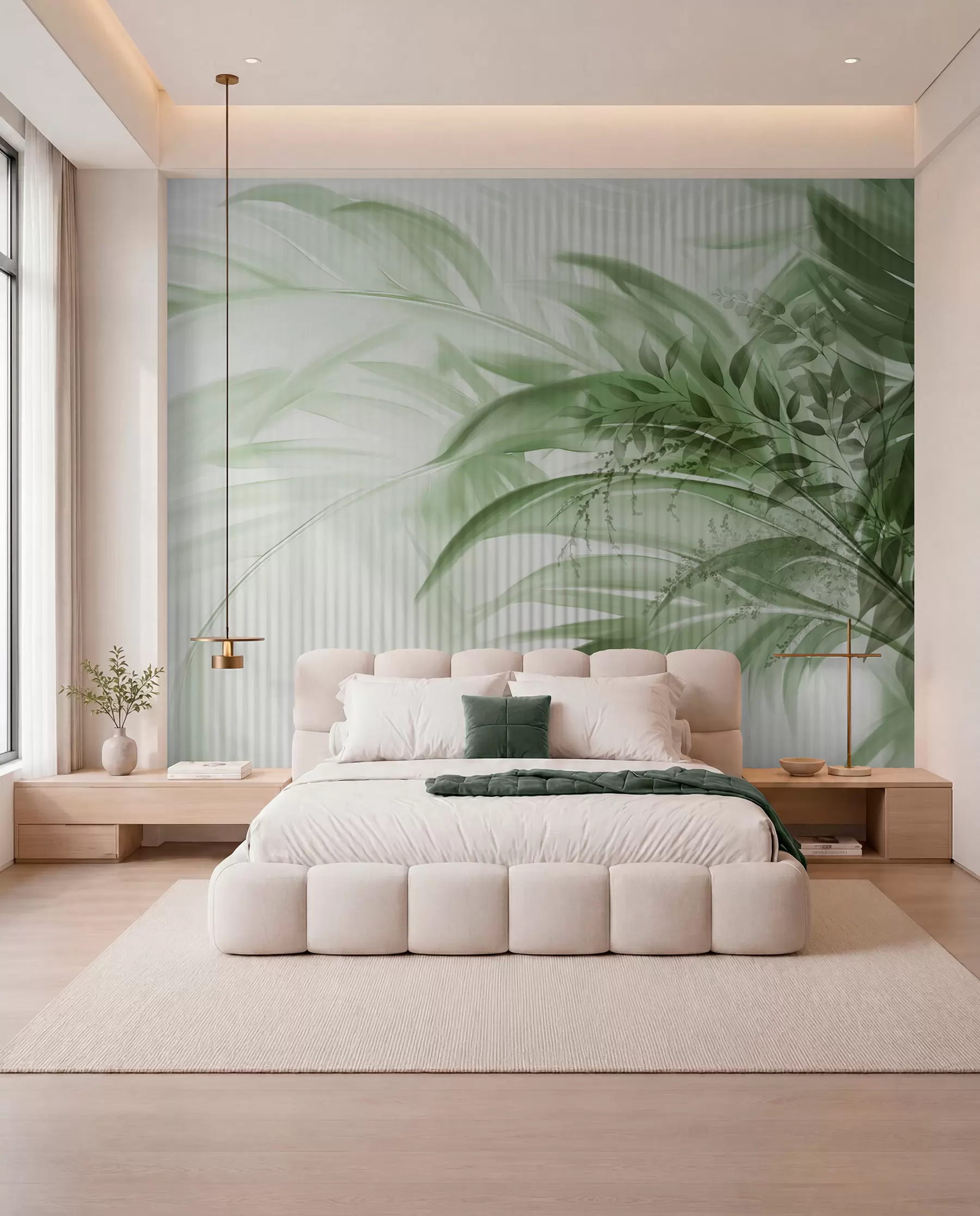 peintures murales Feuilles vertes de palmiers tropicaux sur fond blanc rayé, éclairage doux, coups de pinceau délicats, formes organiques w09343