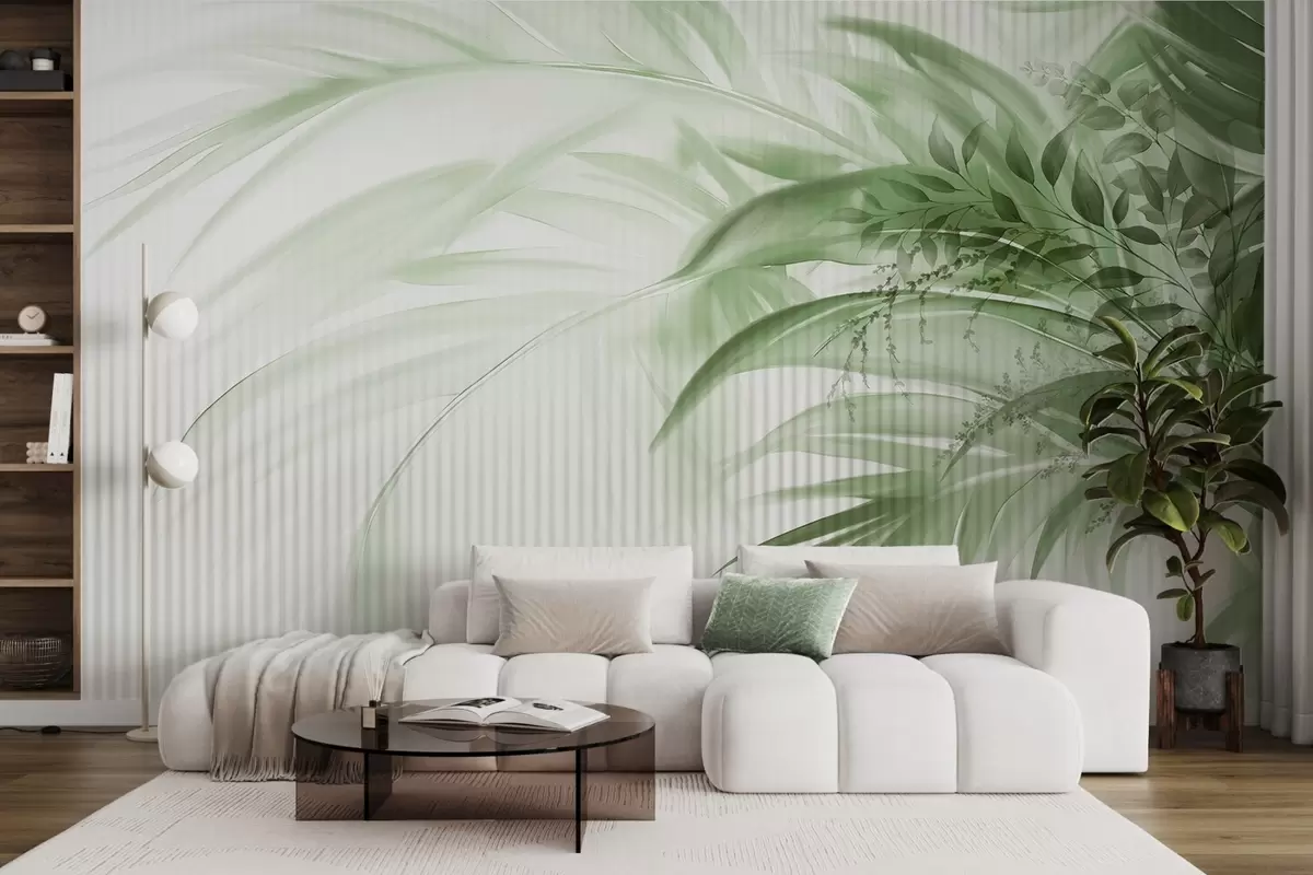 murales Palmera tropical de hojas verdes con fondo blanco a rayas, iluminación suave, pinceladas delicadas, formas orgánicas w09343