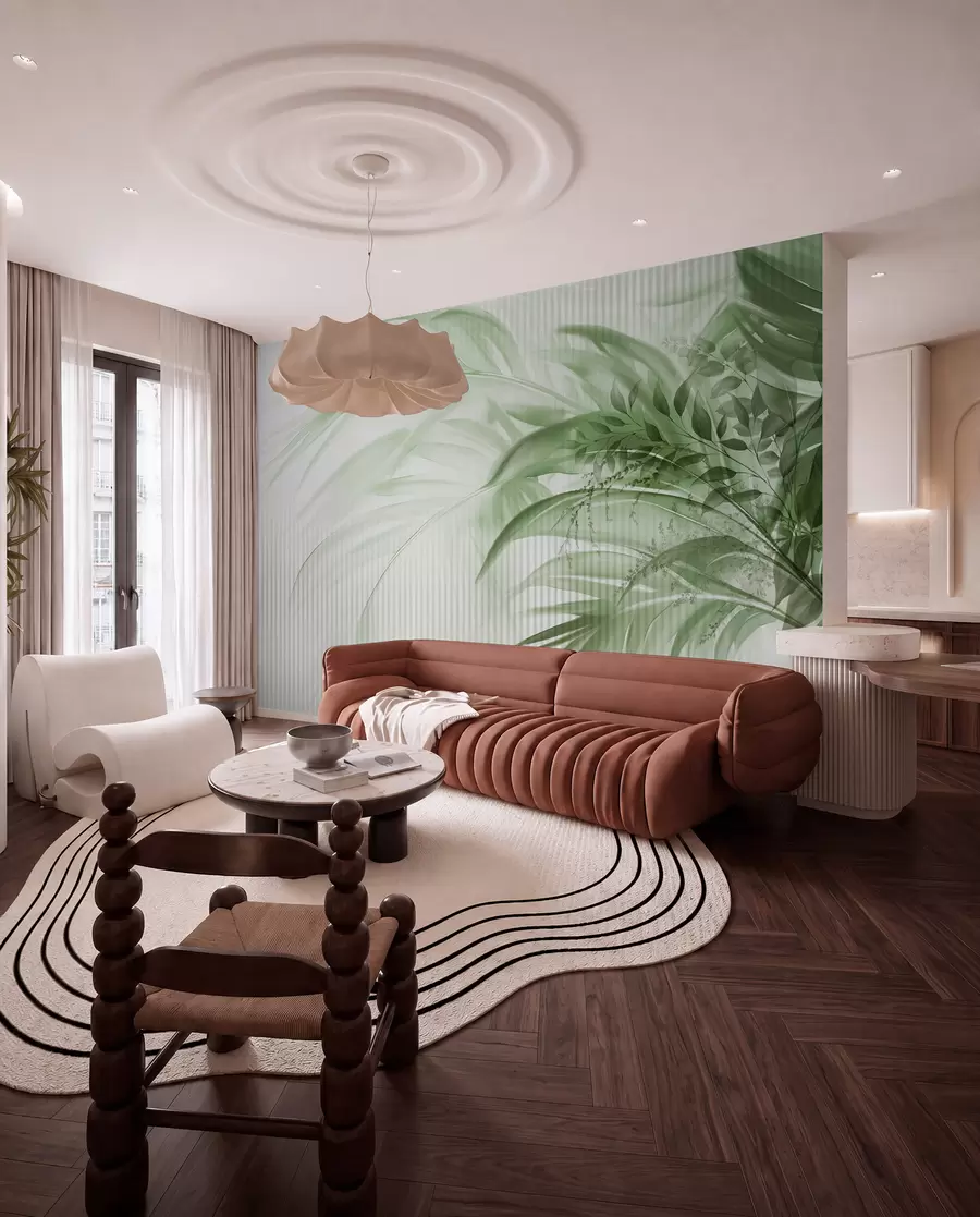 Wall Mural Photo Wallpaper Palm tropical green leaves with a white striped background, soft lighting, delicate brushstrokes, organic forms w09343