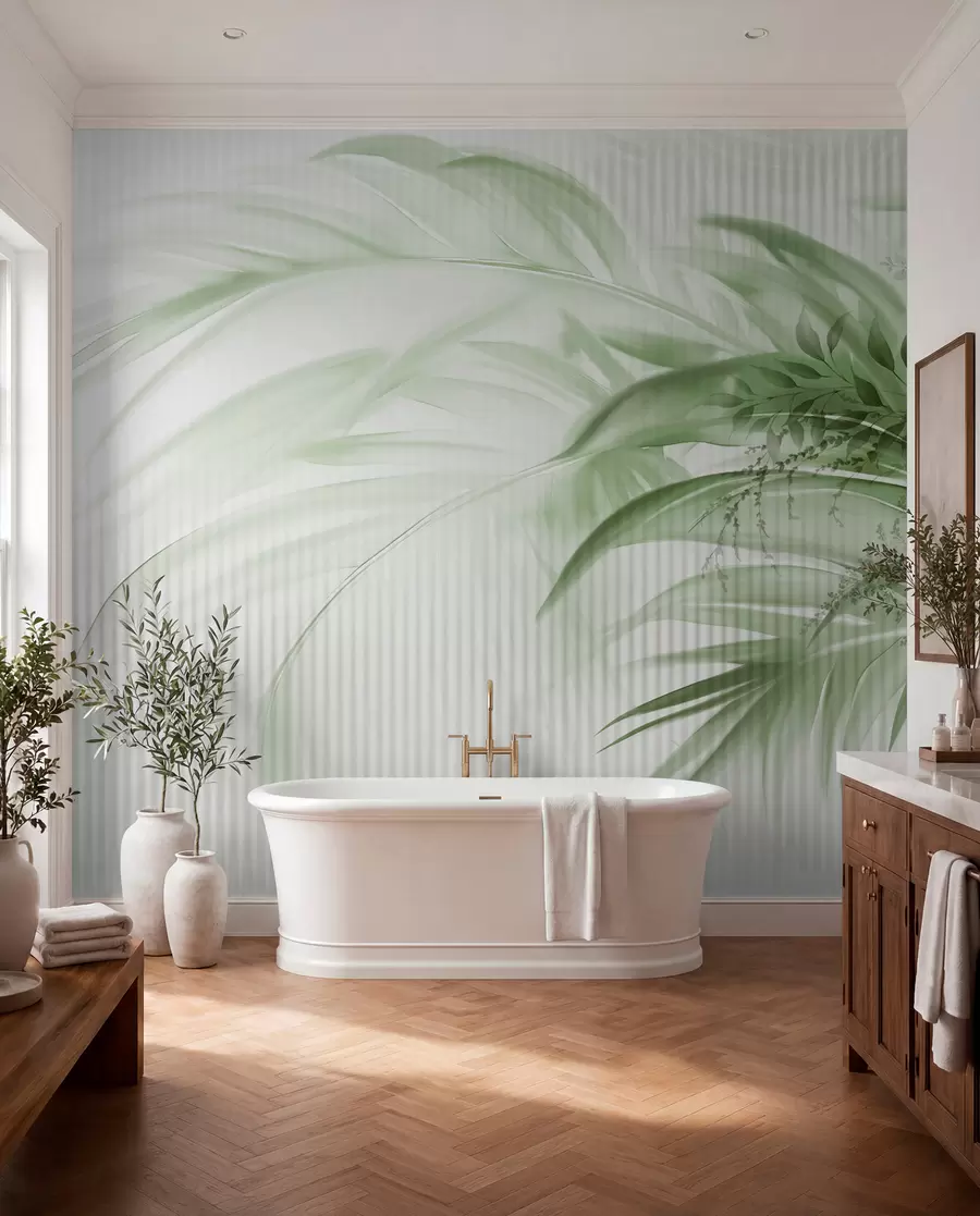 wall murals Palm tropical green leaves with a white striped background, soft lighting, delicate brushstrokes, organic forms w09343