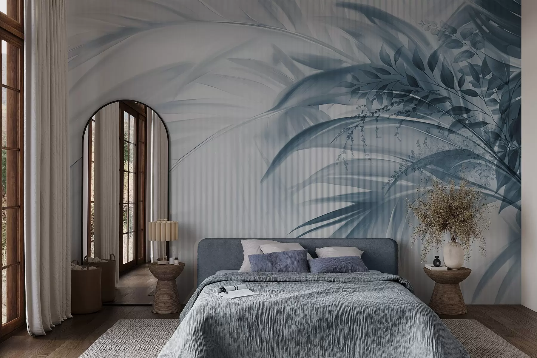 Wall Mural Photo Wallpaper Palm tropical blue leaves with a white striped background, soft lighting, delicate brushstrokes, organic forms w09343v1