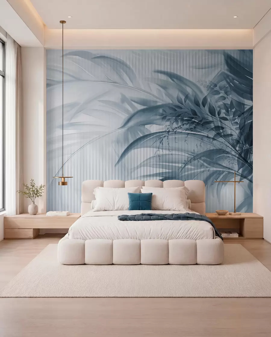 wall murals Palm tropical blue leaves with a white striped background, soft lighting, delicate brushstrokes, organic forms w09343v1