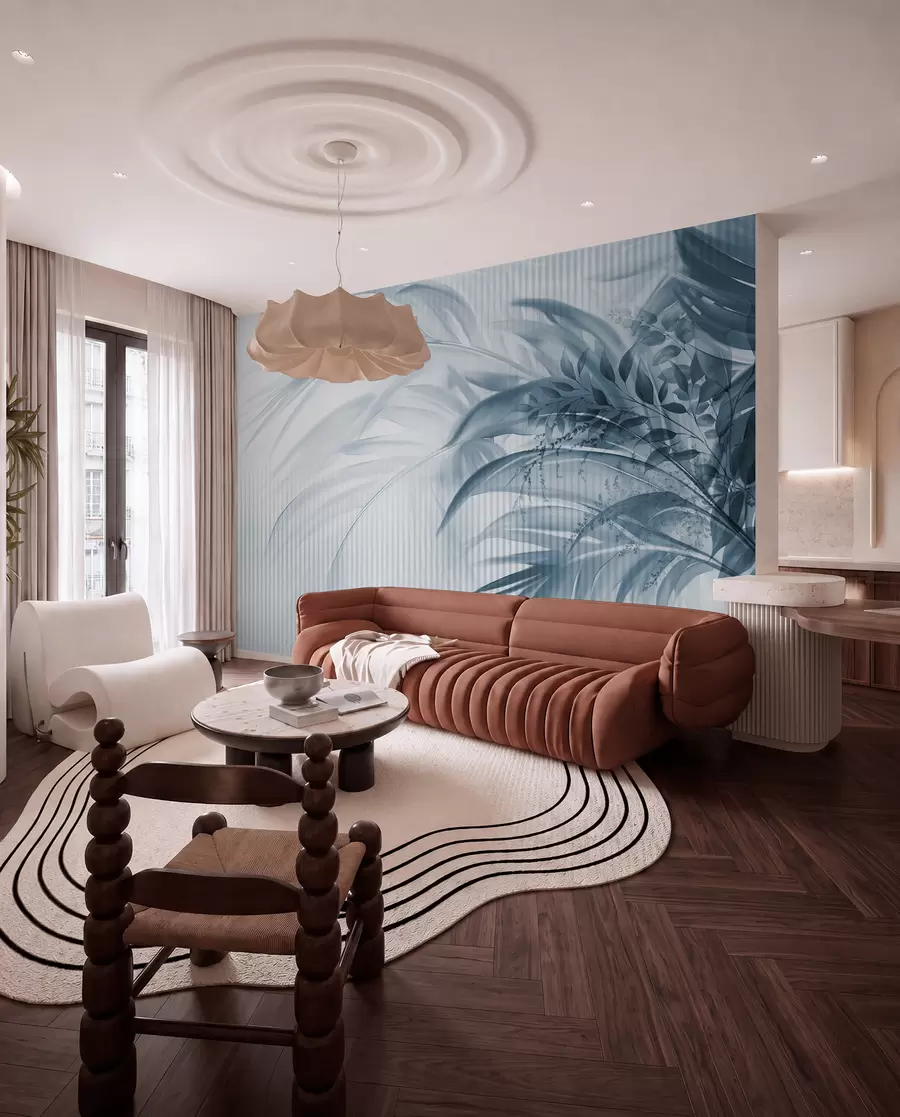 wall murals Palm tropical blue leaves with a white striped background, soft lighting, delicate brushstrokes, organic forms w09343v1