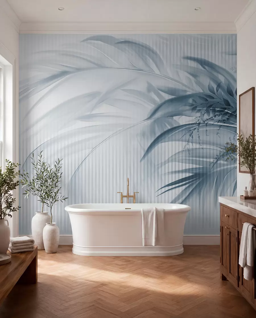 wall murals Palm tropical blue leaves with a white striped background, soft lighting, delicate brushstrokes, organic forms w09343v1