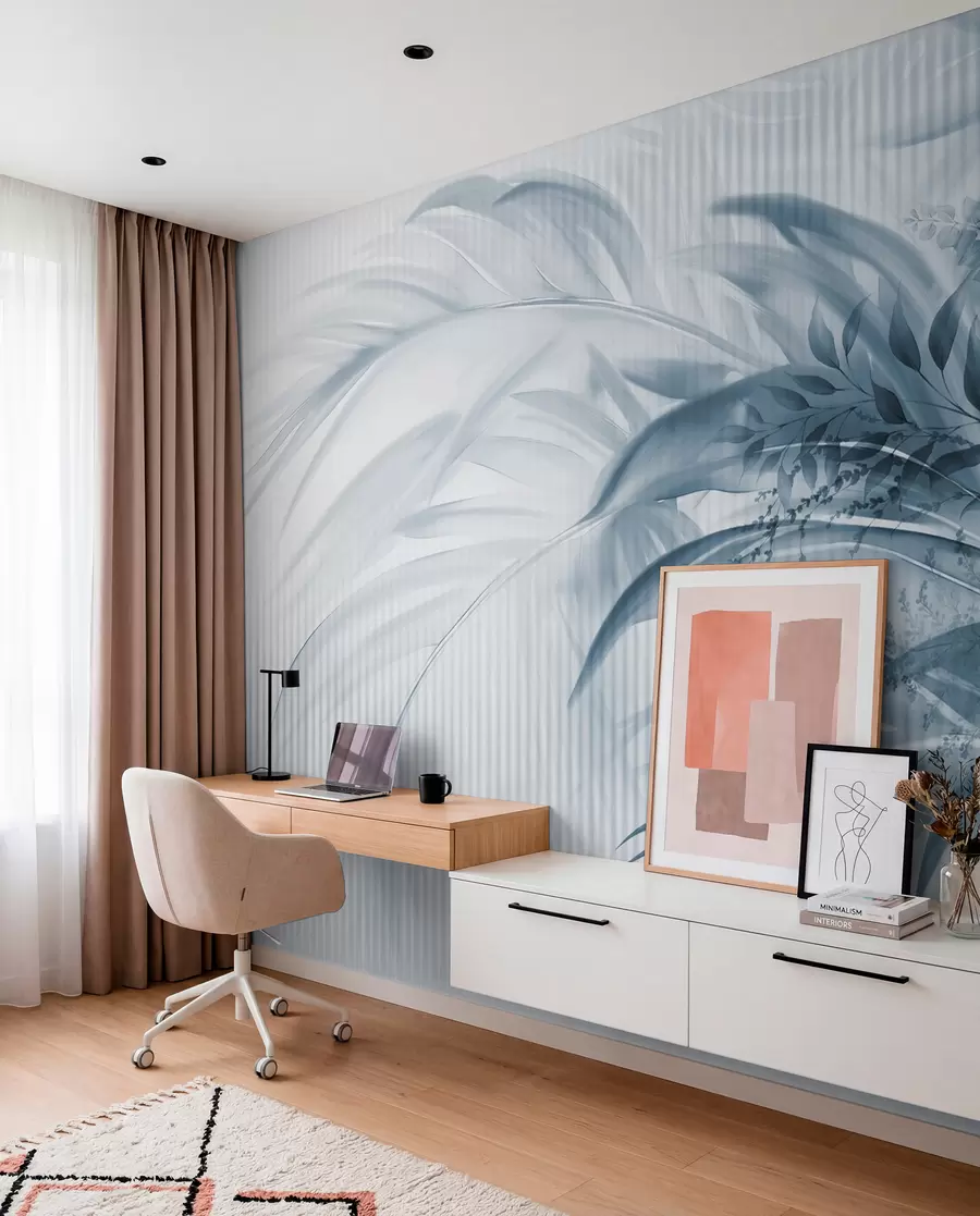 wall murals Palm tropical blue leaves with a white striped background, soft lighting, delicate brushstrokes, organic forms w09343v1