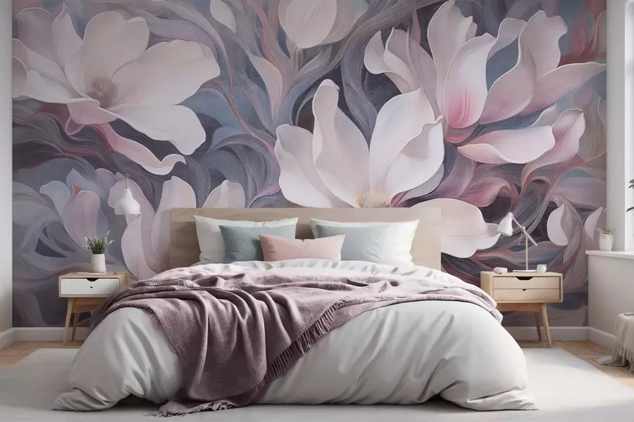 Wall Mural Photo Wallpaper Textured painting of white magnolia flowers with pink accents, set against a background of swirling, muted blue and gray tones w09344
