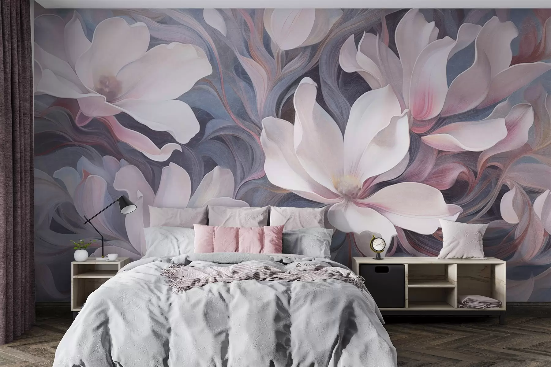 Wall Mural Photo Wallpaper Textured painting of white magnolia flowers with pink accents, set against a background of swirling, muted blue and gray tones w09344