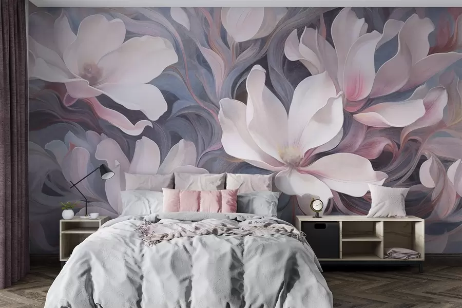 peintures murales Peinture texturée de fleurs de magnolia blanches avec des accents roses, sur un fond de tons bleus et gris sourds et tourbillonnants w09344
