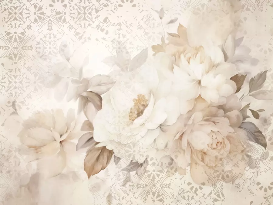 peintures murales Arrangement floral de pivoines blanches avec des feuilles beiges, sur un fond décoratif à la texture vintage w09345